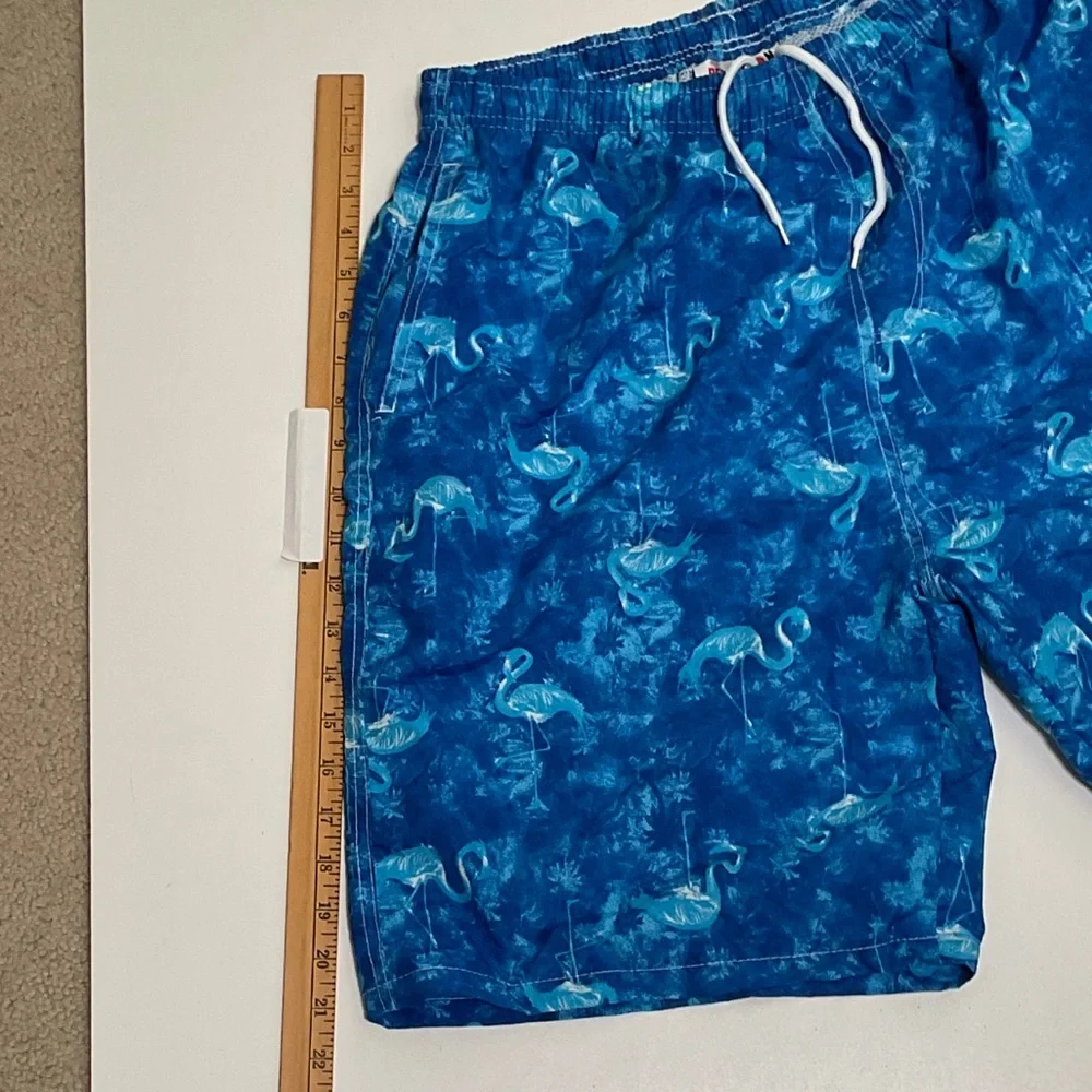 Red Melon Mens XL Mesh Lined Swim Trunks Blue Flamingo Pattern With Pockets